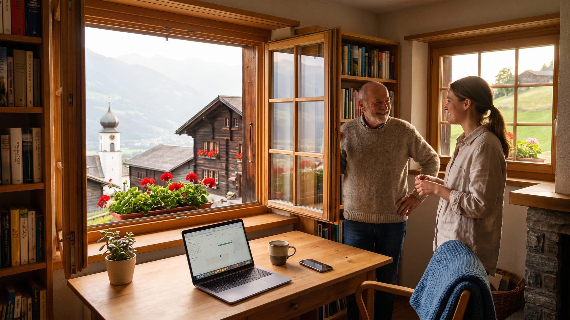 Ein kleines Büro mit Laptop, Kalender und Telefon am offenen Fenster