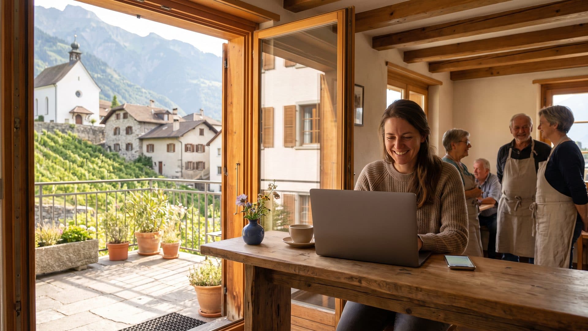 Eine Café-Besitzerin richtet ihren Laptop ein, während ihr Handy aufleuchtet