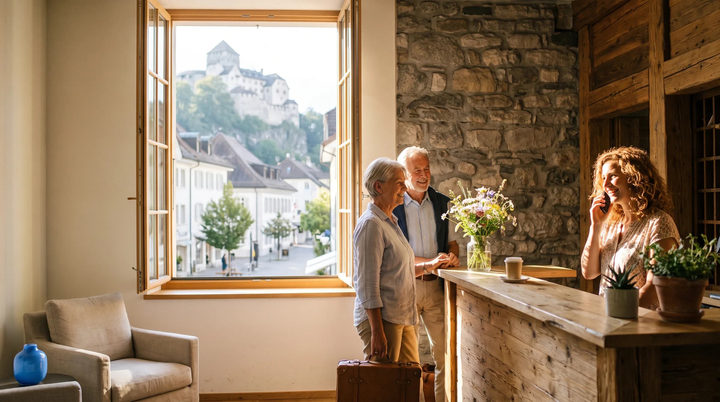 Eine Rezeptionistin lacht am Telefon an der Rezeption eines Familienhotels im Vaduzer Städtle, ein älteres Paar mit Koffer wartet, draussen das Schloss Vaduz auf dem Felsen