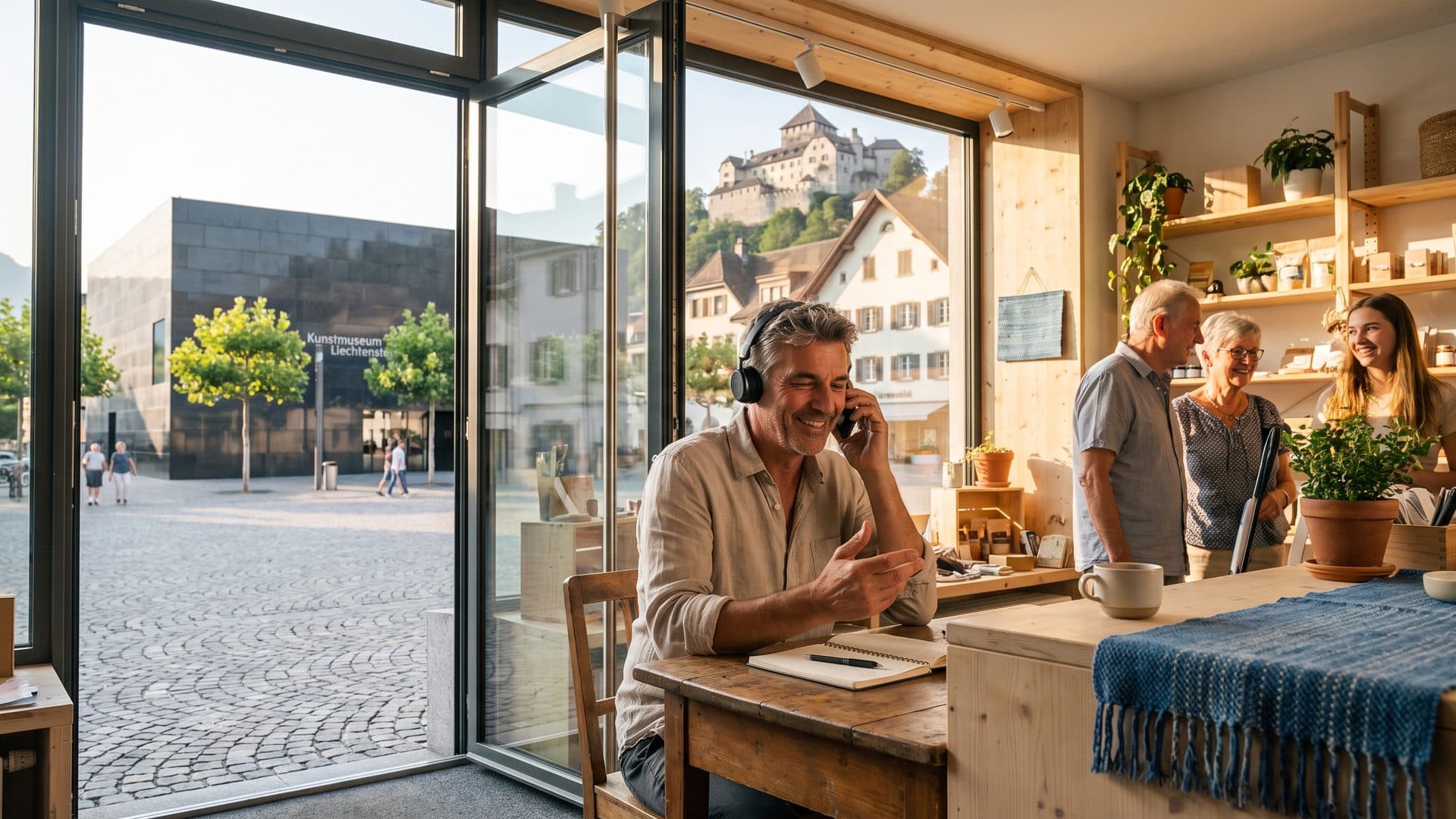 Ein Ladeninhaber hört mit Kopfhörern ein Gespräch nach und macht sich Notizen