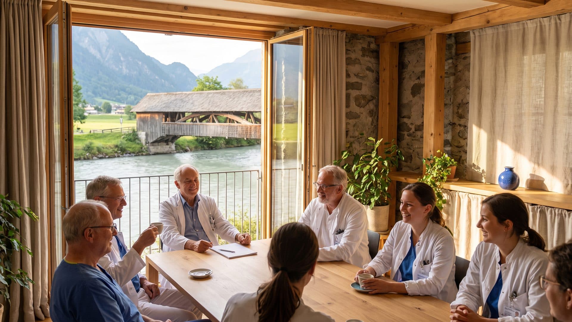 Das Team einer Praxisgruppe bespricht sich in einem hellen Sitzungszimmer