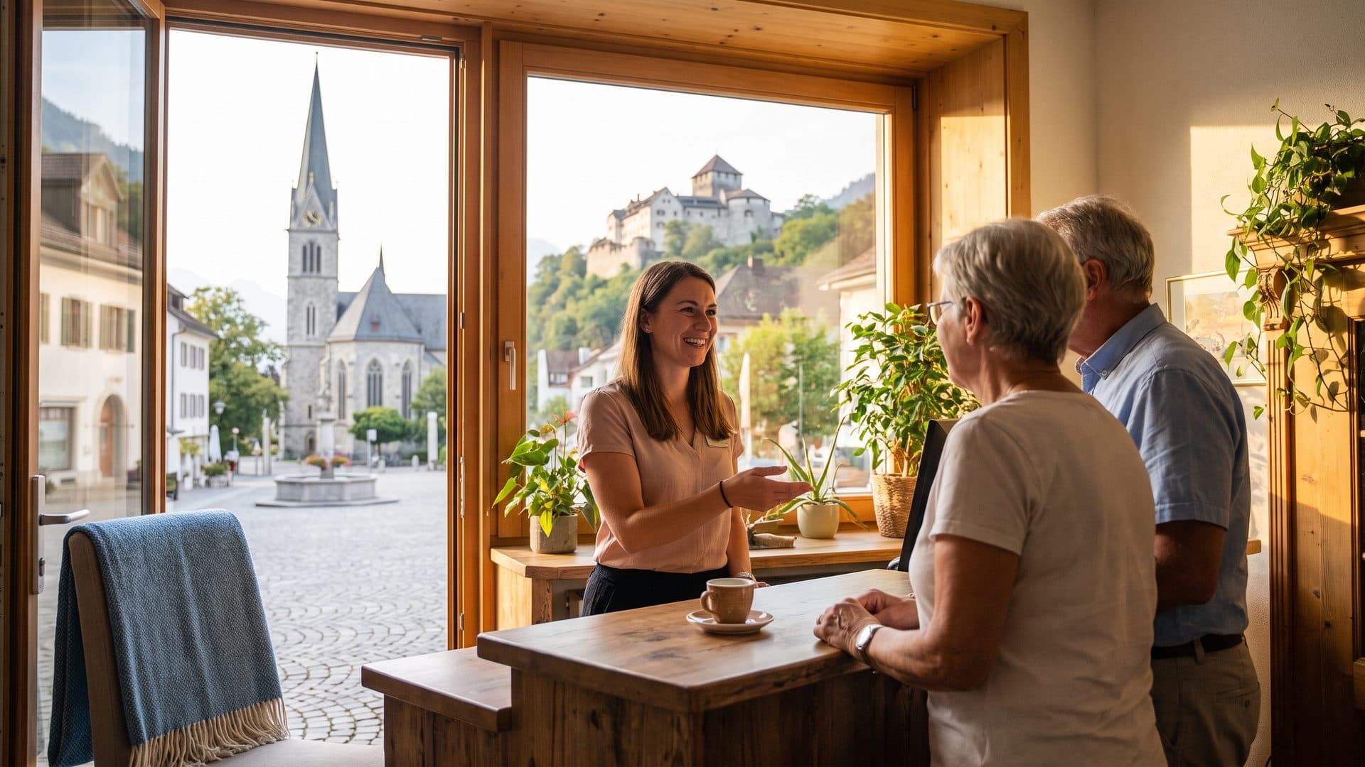 Eine Rezeptionistin beantwortet lächelnd die Frage eines Kunden