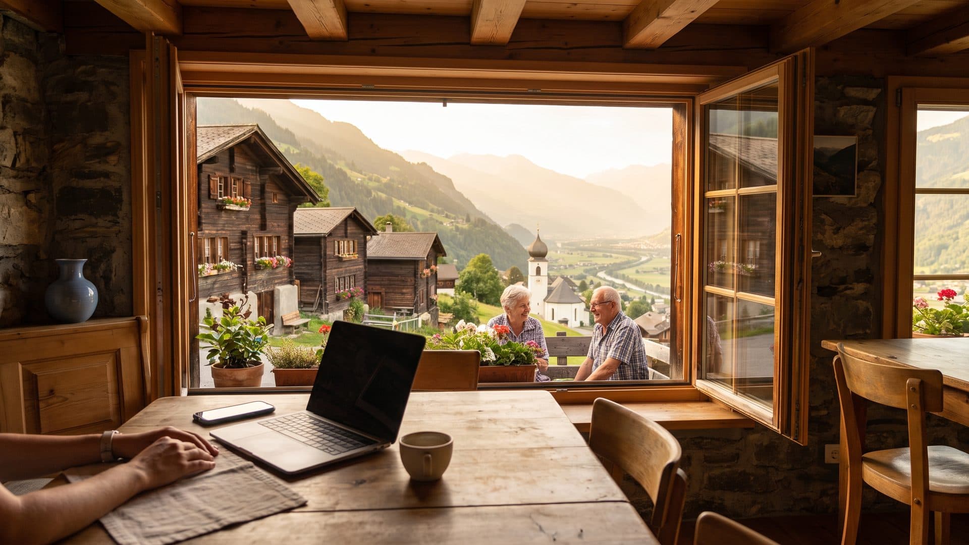 Ein Tisch am offenen Fenster mit Laptop, Telefon und einer Tasse Kaffee