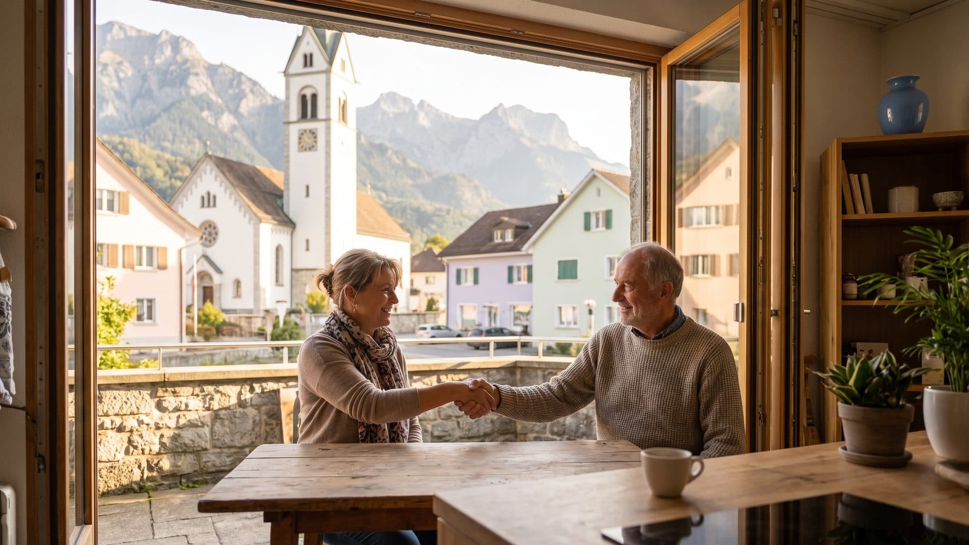 Zwei Inhaber kleiner Betriebe geben sich auf einer sonnigen Terrasse die Hand