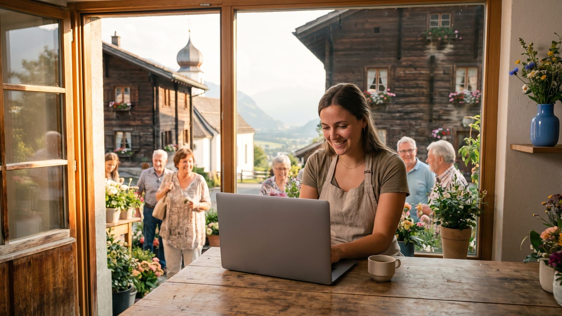 Eine Floristin vergleicht an der Ladentheke in Ruhe die Preise auf ihrem Laptop