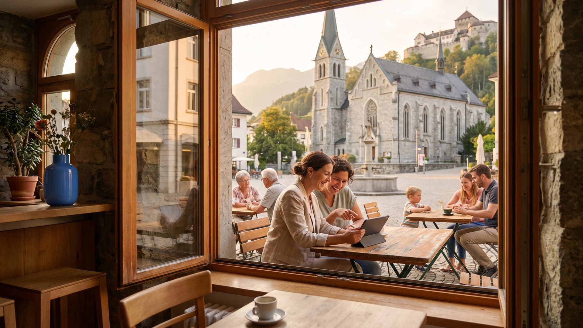Eine Unternehmerin vergleicht im Café zwei Optionen auf dem Tablet